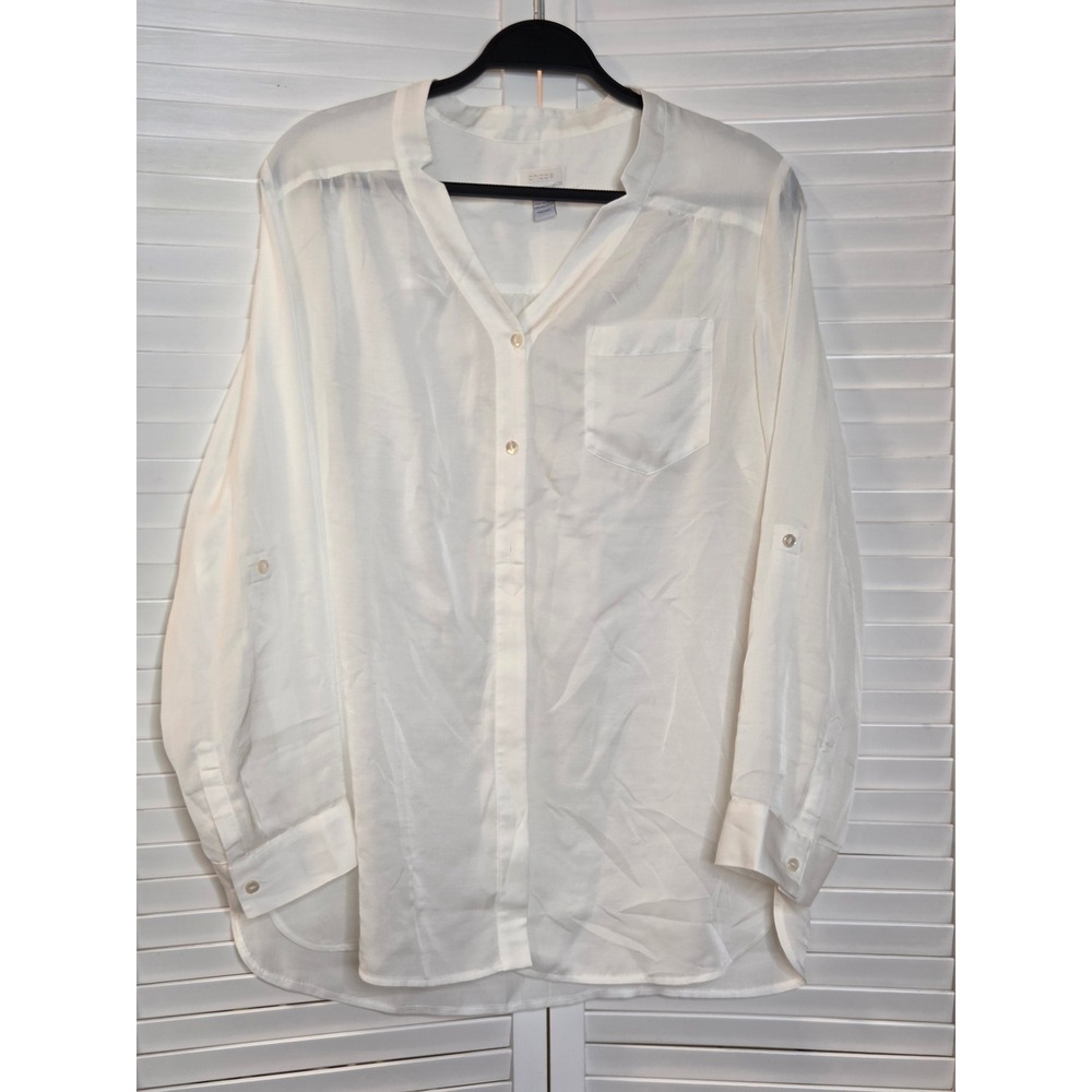 Chico's Roll Tab Sleeve Button Down Blouse Size 1 White Ivory Polyester V-Neck